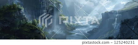 A beautiful mountain landscape with a large waterfall in the foreground 125240231