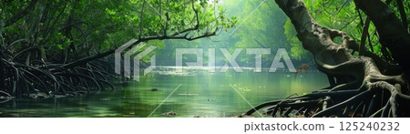 A lush green forest with a river running through it 125240232