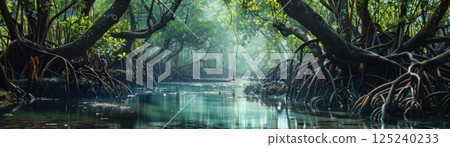 A lush green forest with a river running through it 125240233