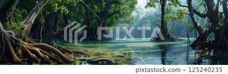 A lush green forest with a river running through it 125240235