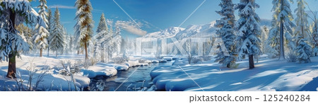 A snowy landscape with a river and trees 125240284