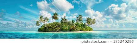 A beautiful island with palm trees and a clear blue ocean 125240296