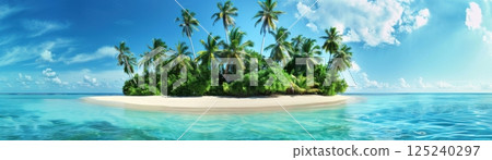A beautiful island with palm trees and a clear blue ocean 125240297