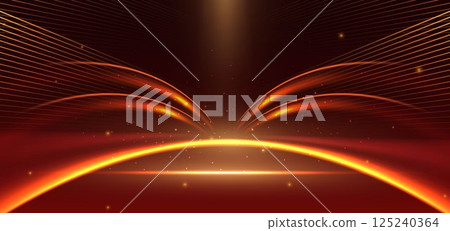 Abstract elegant red curved ray with gold lighting effect sparkle on dark red background. Abstract elegant red curved ray with gold lighting effect sparkle on dark red background. 125240364