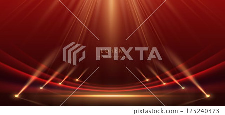 Scene elegant red curved ray with gold lighting effect sparkle on dark red background. Scene elegant red curved ray with gold lighting effect sparkle on dark red background. 125240373