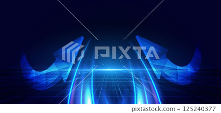 Abstract technology futuristic glowing arrow neon blue light ray on dark blue background. Abstract technology futuristic glowing arrow neon blue light ray on dark blue background. 125240377