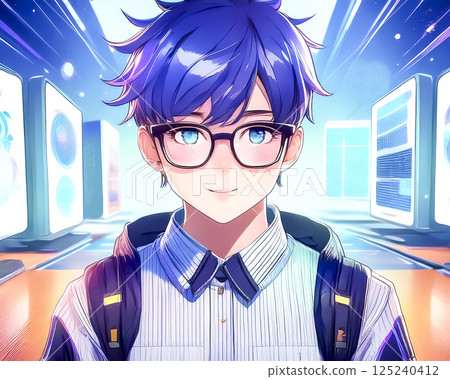 學生圖：男學生與電腦排隊 125240412