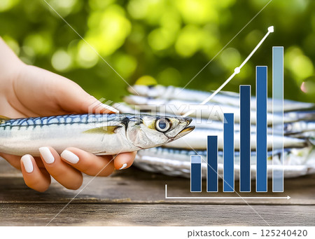 Seafood sales chart and image of a fisherman showing fish 125240420
