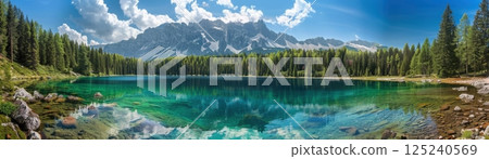 A beautiful lake surrounded by mountains with a clear blue sky 125240569