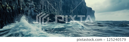 A large wave crashing into a rocky shoreline 125240579