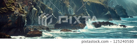 A large wave crashing into a rocky shoreline 125240580