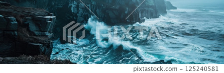 A large wave crashing into a rocky shoreline A large wave crashing into a rocky shoreline 125240581