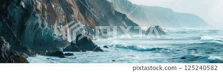 A large wave crashing into a rocky shoreline 125240582