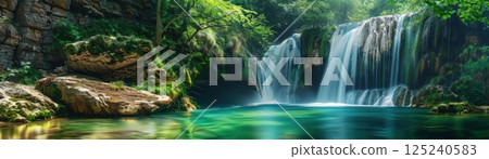 A beautiful waterfall with a lush green forest in the background 125240583