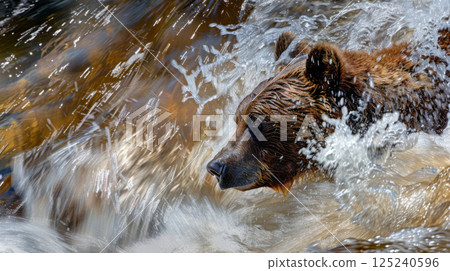 Grizzly Bear Fishing in Raging River Rapids 125240596
