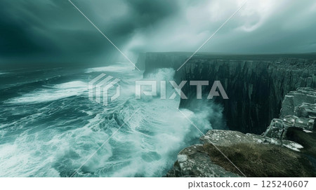 Stormy Sea Crashing Against Cliffs 125240607