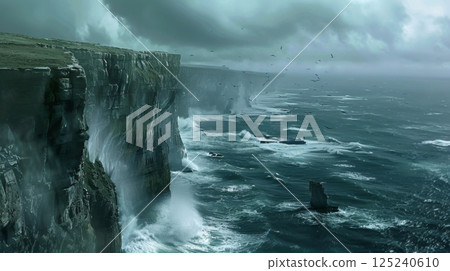 Stormy Sea Cliffs with Birds and Waves 125240610