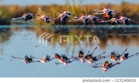 Flock of Flamingos Taking Flight Over Water 125240628