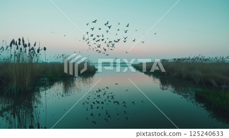Birds Flocking Over Tranquil Wetlands at Dusk 125240633