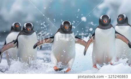 The penguins standing on a snowy surface near the water 125240863
