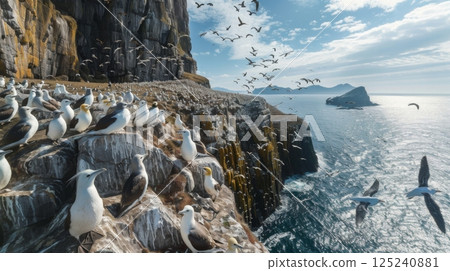 A rocky cliff overlooking the ocean with a flock of seagulls on the rocks 125240881