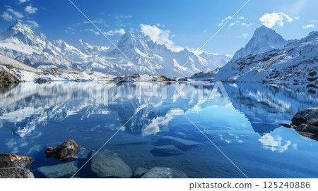 A beautiful mountain lake with a blue sky in the background A beautiful mountain lake with a blue sky in the background 125240886