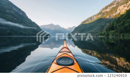 A kayak is in the water with mountains in the background 125240910