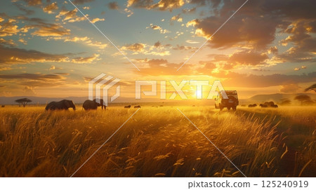 A car drives through a field with elephants and a sunset in the background 125240919