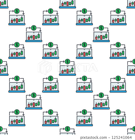 Trading Chart and Dollar sign on Laptop Screen vector colored seamless pattern 125241064