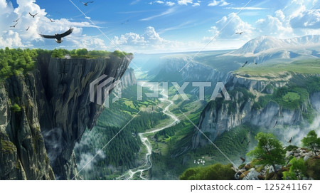 A mountain range with a large cliff and a bird flying in the sky 125241167