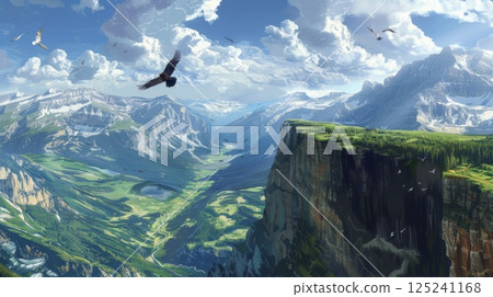A mountain range with a large cliff and a bird flying in the sky 125241168