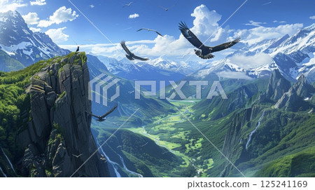 A beautiful mountain landscape with three birds flying in the sky 125241169