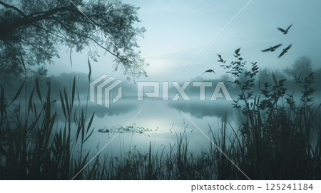 A foggy lake with a few birds flying over it 125241184