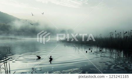 A foggy lake with a few birds flying over it 125241185