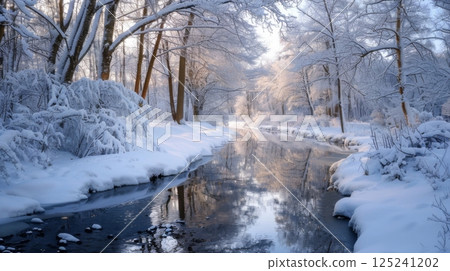 A snowy landscape with a river running through it 125241202