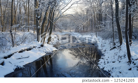 A snowy landscape with a river running through it 125241205