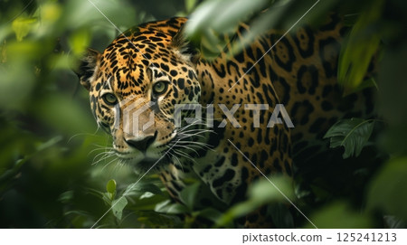 A jaguar is walking through the jungle 125241213