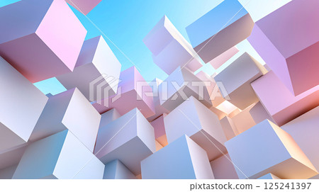 Iridescent 3D geometric forms create a surreal, futuristic abstract design ideal for visionary  125241397