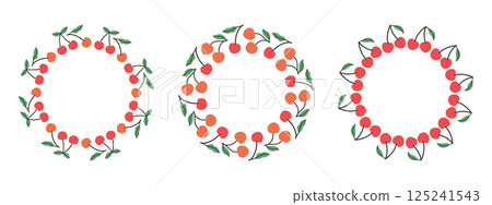 Fruit frame set. Cherry design template, copy space. Cute hand drawn fruits round frame in doodle style. Circular template. Hand drawn fruits circle border. Fruit frame set. Cherry design template, copy space. Cute hand drawn fruits round frame in doodle style. Circular template. Hand drawn fruits circle border. 125241543