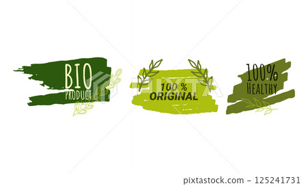Healthy food labels badges logos Eco stickers. For farmer market eco food vegetarian menu food package. Ecology friendly design. Organic Food, Vegan, Farm Fresh, Natural Product. Vector illustration. Healthy food labels badges logos Eco stickers. For farmer market eco food vegetarian menu food package. Ecology friendly design. Organic Food, Vegan, Farm Fresh, Natural Product. Vector illustration. 125241731