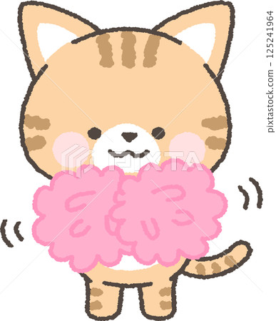 Brown tabby cat cheering with pom-poms Brown tabby cat cheering with pom-poms 125241964