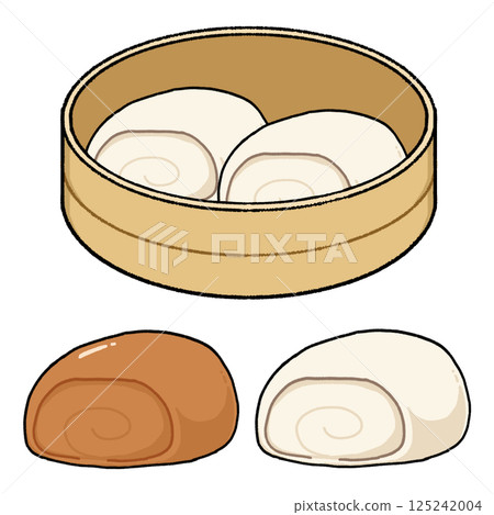 Steamed mantou in a bamboo steamer, individual steamed mantou, fried steamed mantou 125242004