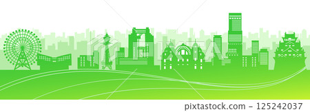 Osaka, Japan cityscape silhouette with skyscrapers and castle 125242037