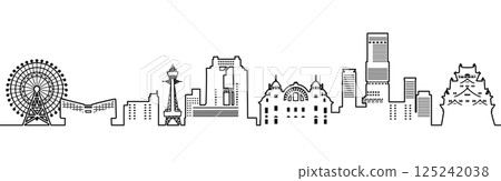 Illustration of a Japanese cityscape with skyscrapers and a castle, Osaka (monochrome line drawing) Illustration of a Japanese cityscape with skyscrapers and a castle, Osaka (monochrome line drawing) 125242038