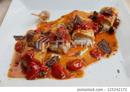 Italy: Pasta with goat cheese and black truffles at a restaurant in Amalfi Italy: Pasta with goat cheese and black truffles at a restaurant in Amalfi 125242172