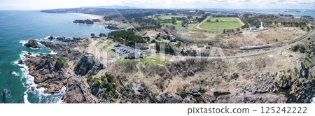 Aerial photography of the springtime Tanesashi Coast in Aomori Prefecture, taken with a drone in Hachinohe City 125242222