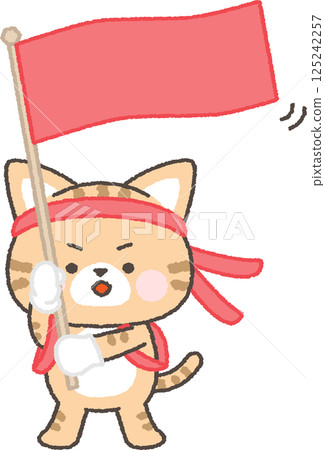 棕色虎斑貓舉著旗幟歡呼 棕色虎斑貓舉著旗幟歡呼 125242257