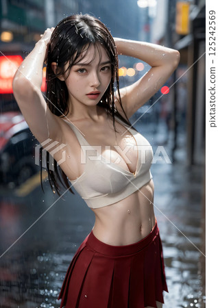 Woman getting wet in the rain AI image AI photo AI generation 125242569