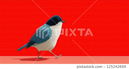 stylized blue and white bird walking confidently on red background 125242609