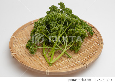 Parsley on a colander: Fresh parsley with the stems still attached 125242723